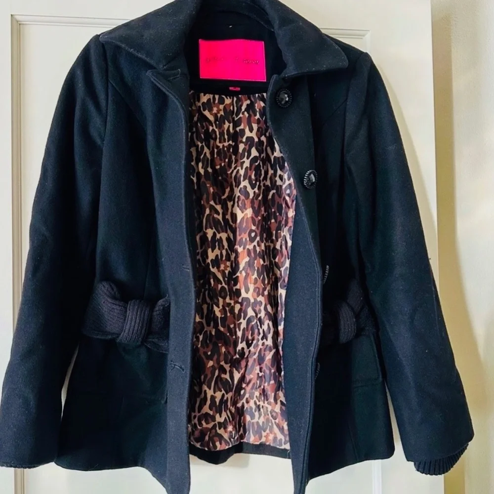 Betsey Johnson Black Pea Coat with Leopard Print Lining Size 8 - Picture 3 of 7